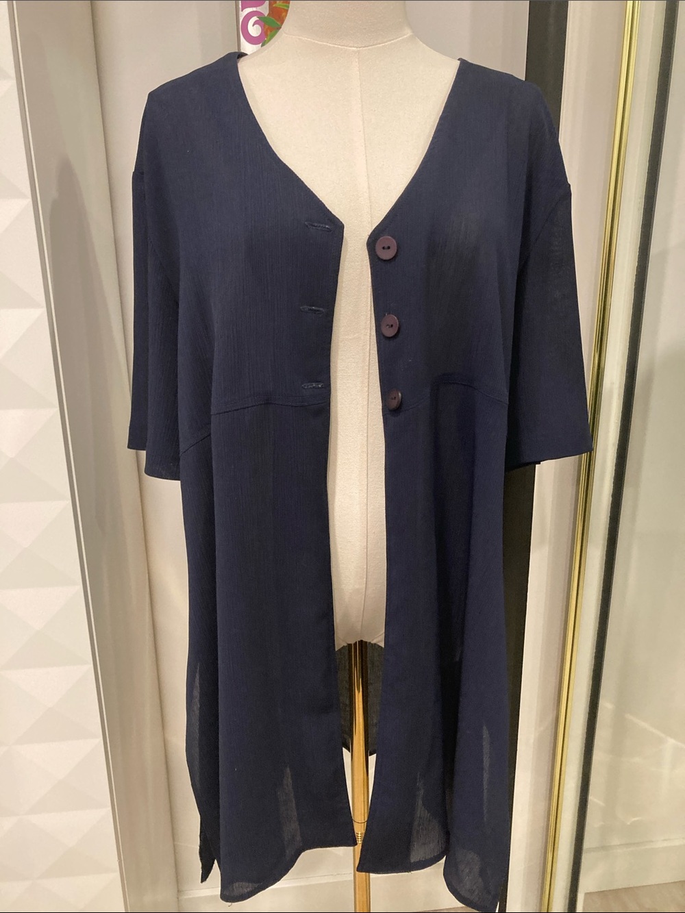 Navy Button-Down Short Sleeve Duster Blouse Tunic